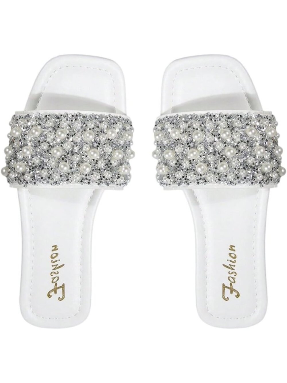 Women's White Pearl Sparkly Rhinestone Sandal Pearl Boho Summer Square Toe Shoes